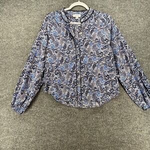 Evereve Blouse Top Womens M Blue Floral Button Up Boho Peasant Cottagecore Farm
